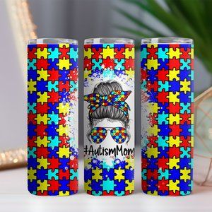 Autism Mom Messy Bun Puzzle Piece | 20oz Skinny Tumbler